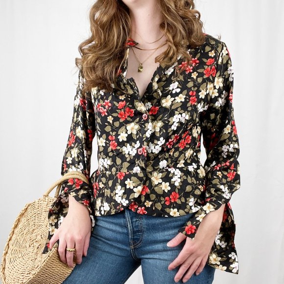 Vintage Teruko Floral Silky Button Up Long Sleeve Romantic Blouse Novelty Print - Picture 7 of 8
